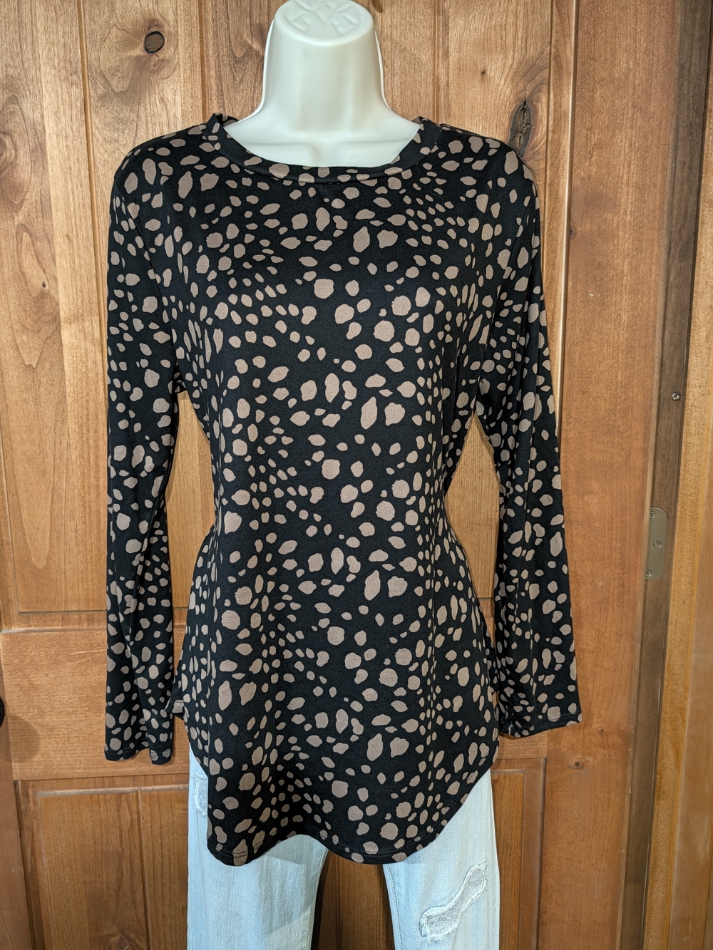 bombom Women's Black Long-Sleeve Dot Printed Scoop-Neck Top